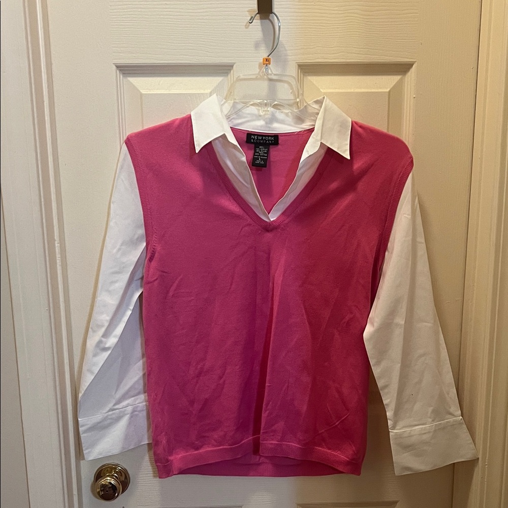 New York & Company Pink Sweater with White Trim